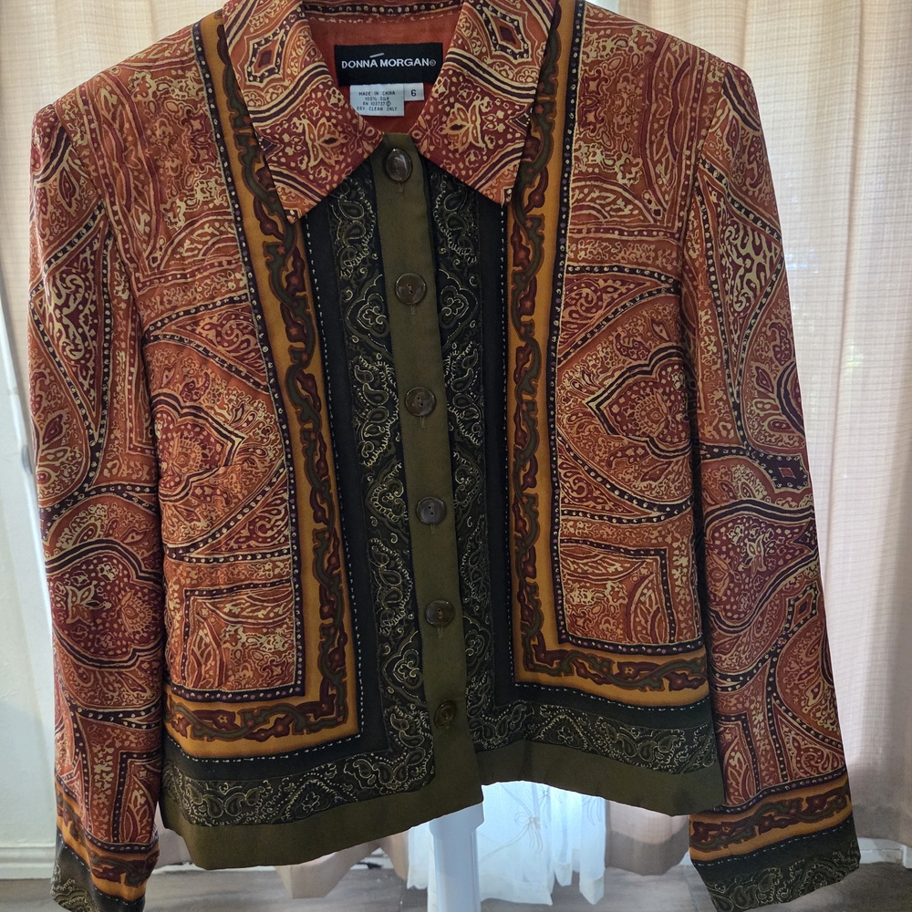 Donna Morgan Silk Button-Front Jacket in Rust Orange with Gold Accent